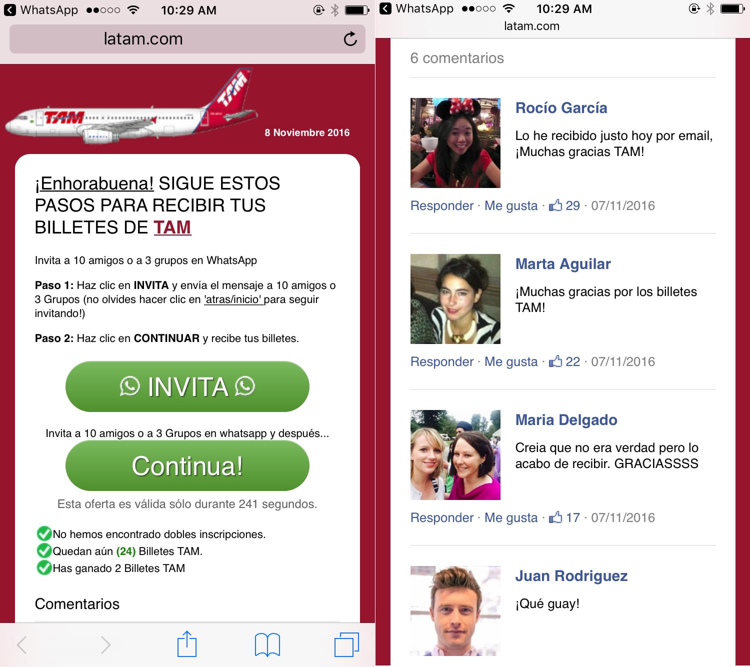 Campaña fraudulenta en WhatsApp ofrece pasajes gratis de TAM a cambio de sus contactos